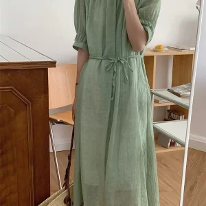 Casual Solid Color O-neck Lace-Up Puff Half Sleeve Dress