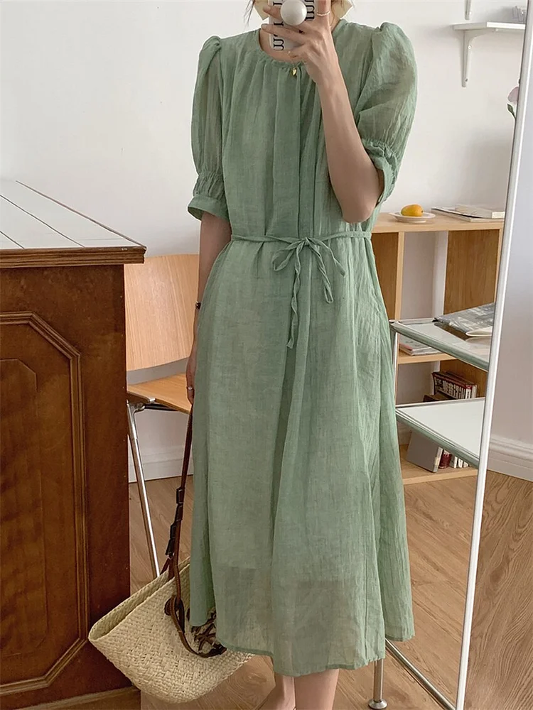 Casual Solid Color O-neck Lace-Up Puff Half Sleeve Dress