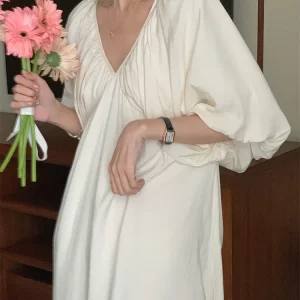 Casual Green V-neck Half Lantern Sleeve Straight Dress