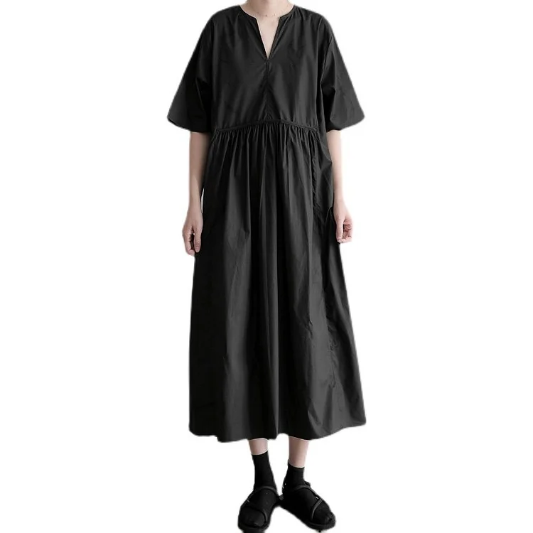 Simple Loose Black Y-neck Splicing Folds Waist Half Sleeve Big Hem Dress - Image 4
