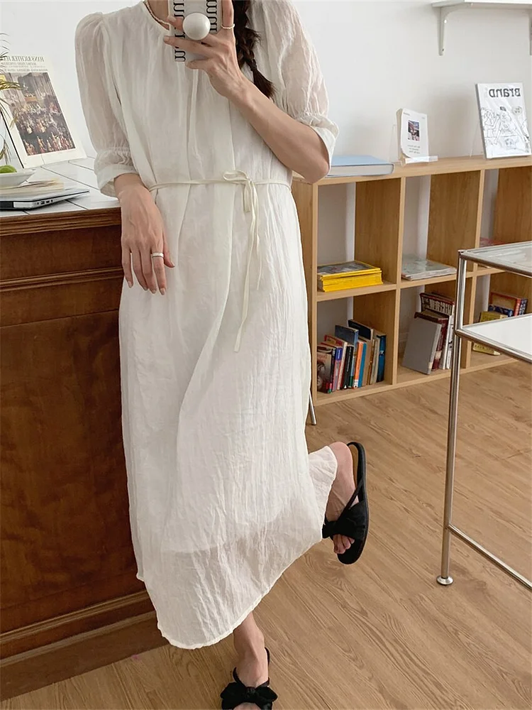 Casual Solid Color O-neck Lace-Up Puff Half Sleeve Dress - Image 10