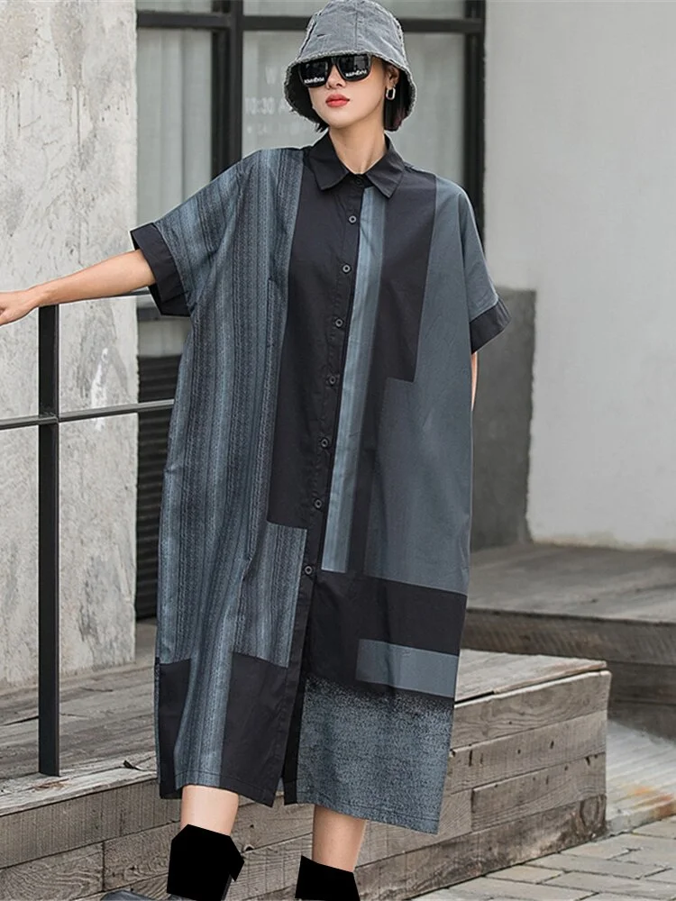 Street Loose Lapel Contrast Color Printed Single-breasted Half Sleeve Dress - Image 3