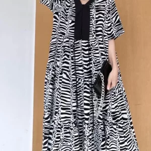 Natural Zebra pattern V Neck Cotton asymmetrical design Summer Maxi Dress