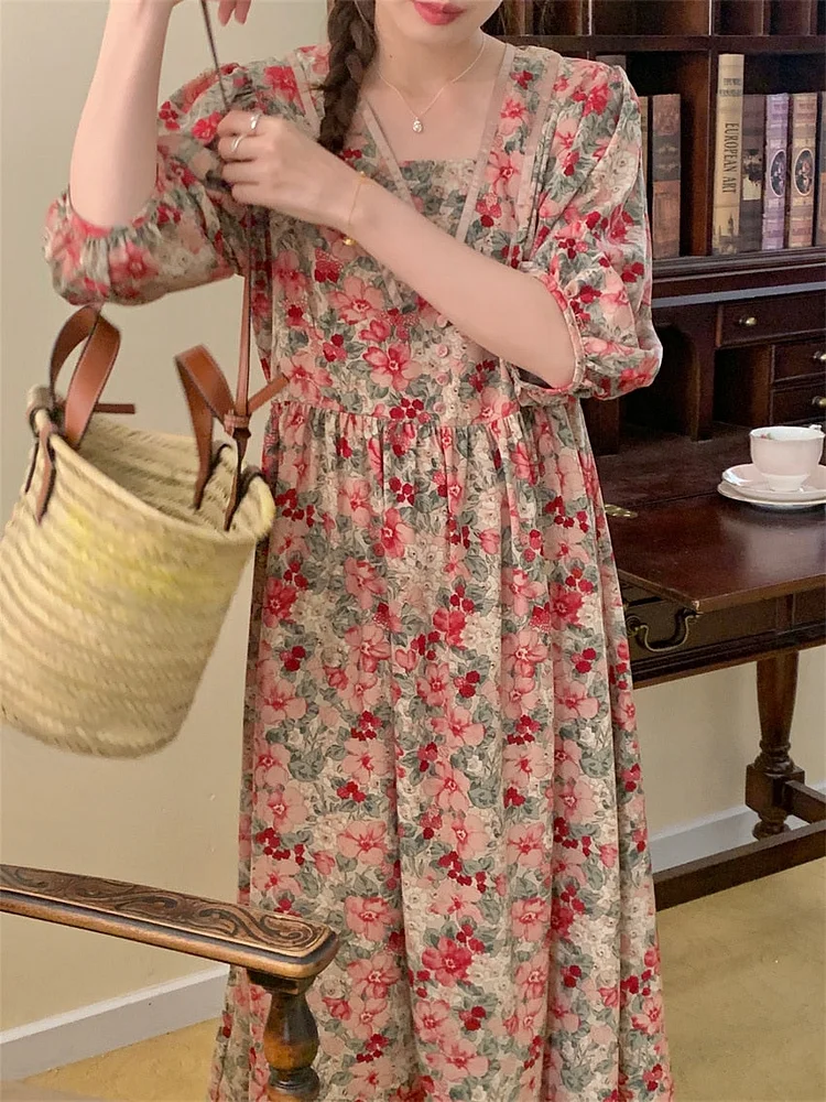 Chic V-Neck Floral High Waist Puff Half Sleeve Dress