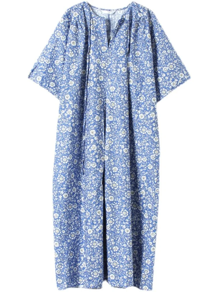 Temperament Loose Y-neck Tie Floral Half Sleeve Dress