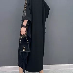 Classy Black V Neck Patchwork Ruffles Long Dresses Bracelet Sleeve